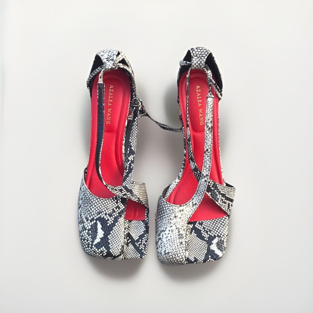 Azalea Wang Buiky Snake Contrast Curved Heel Open Toe Pump